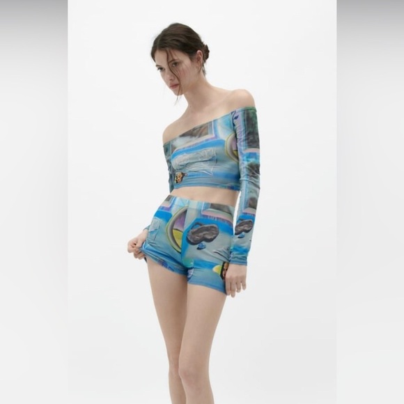 Zara limited edition larissa de Jesus negron print crop off shoulder mesh top‎ - Picture 13 of 14